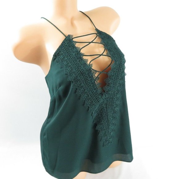 WAYF Camisole Top Hunter Green Size L Posie Deep Lace V-Neck Sleeveless - Picture 5 of 11
